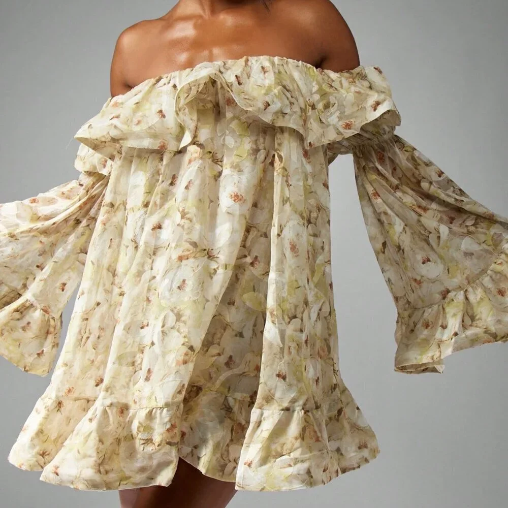 Yellow Boho Women's Chiffon Off Shoulder Floral Ruffle Bell Sleeve Mini Dress - Picture 3 of 6